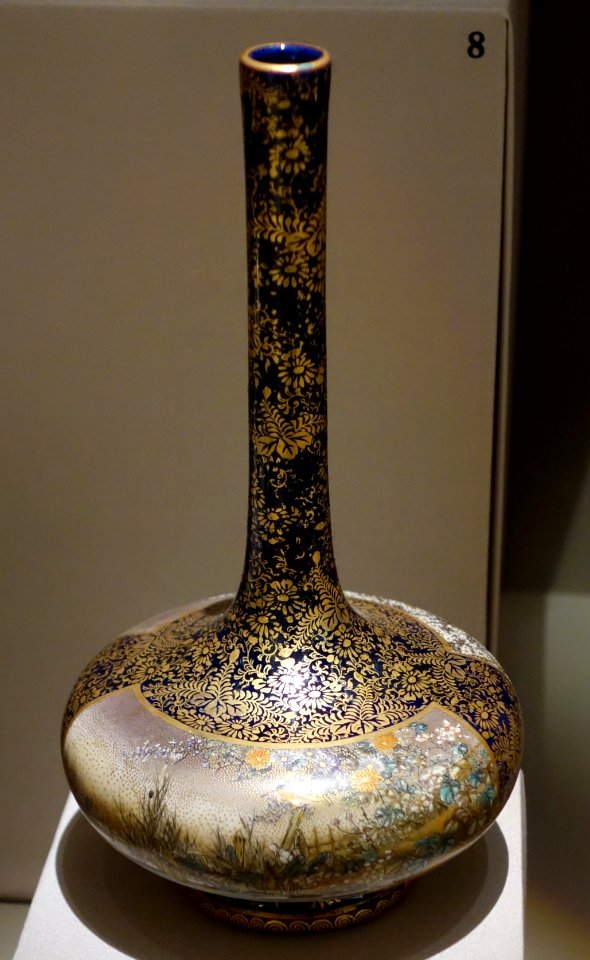 Long-neck Vase, Japan (Kyoto), Kinkozan workshop, 1870s-1920s, earthenware with overglaze and gold on dark cobalt - Chazen Museum of Art - DSC02392