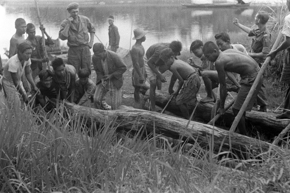 Lokale werkkrachten worden ingezet bij het tillen van boomstammen, Bestanddeelnr 348-3-4