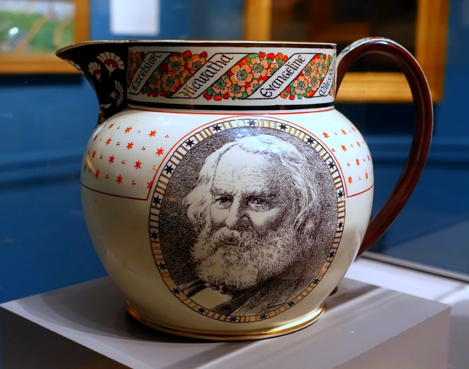 Longfellow Commemorative Pitcher, by Josiah Wedgwood and Sons, c. 1880, earthenware - Portland Museum of Art - Portland, Maine - DSC04073