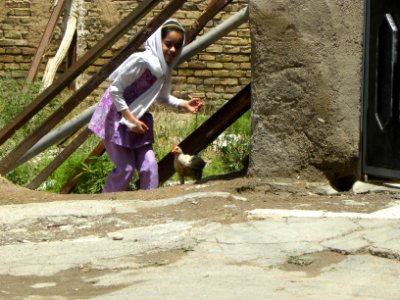 Little girl runs for chickens