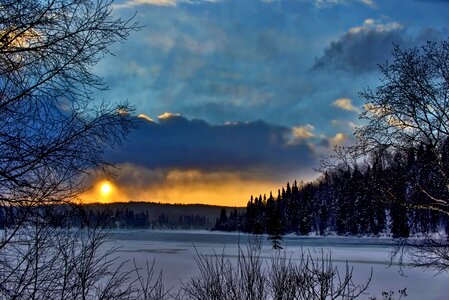 Twilight snow frozen lake photo