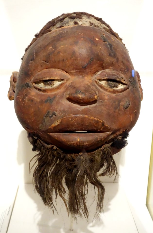 Lipiko Mask, view 2 - Makonde people, Cabo Delgado province, Mozambique, 19th century, wood, human hair, fiber, pigment - Brooklyn Museum - Brooklyn, NY - DSC08582