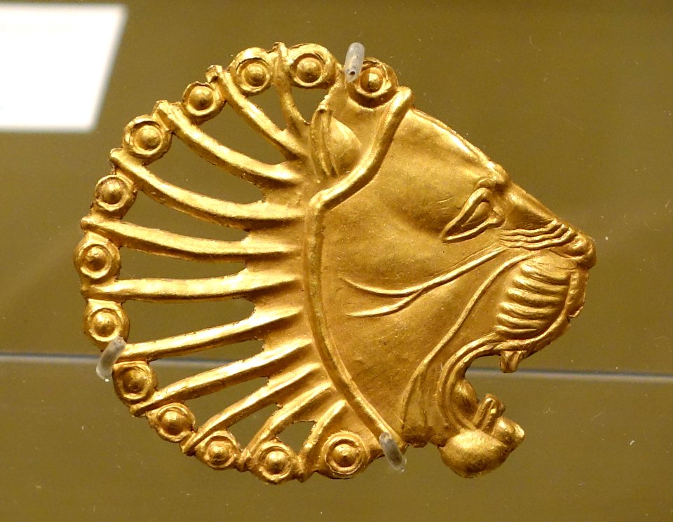 Lion inlay plaque, 2 of 5, Western Iran, Achaemenid dynasty, c. 400 BC, gold, repousse, and filigree decoration - Royal Ontario Museum - DSC04628