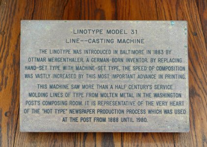 Linotype machine plaque at the Washington Post - DSC05518