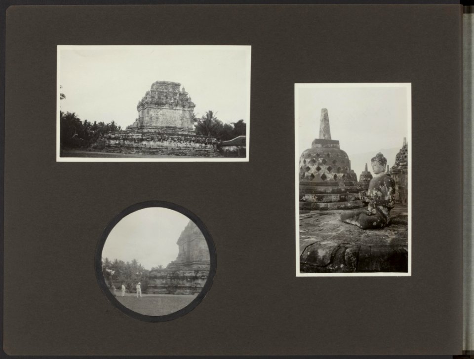 Linksboven tempelruïne op de Prambanan vlakte Rechts stupa van de Borobudur Li, Bestanddeelnr 822 10