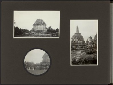 Linksboven tempelruïne op de Prambanan vlakte Rechts stupa van de Borobudur Li, Bestanddeelnr 822 10