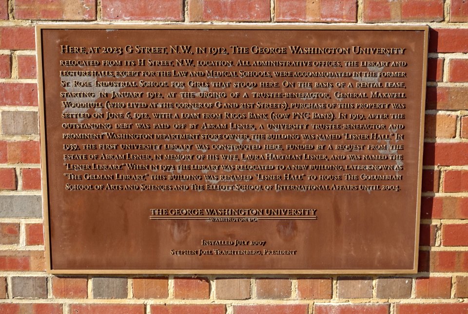 Lisner Hall plaque - George Washington University - DSC09983