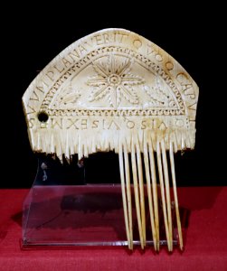 Liturgical comb, Atelier de Metz, from the former abbey of Saint-Remacle in Stavelot, 11th century AD, ivory - Cinquantenaire Museum - Brussels, Belgium - DSC08791