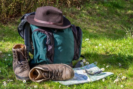 Hiking shoes hat backpack