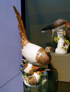 Male and female pheasant, 1 of 2, Johann Joachim Kaendler, Meissen Porcelain Factory, c. 1735, hard-paste porcelain - Wadsworth Atheneum - Hartford, CT - DSC05431