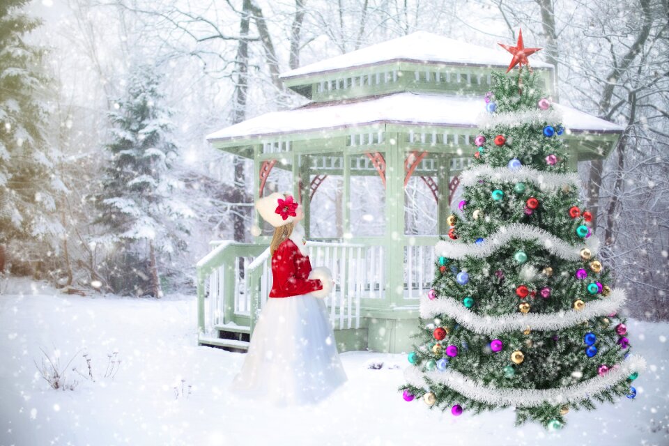 Young christmas girl christmas tree gazebo