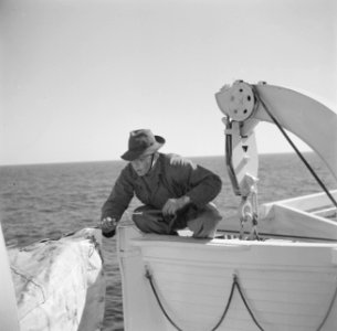 Man verricht werkzaamheden aan de reddingsboten van een schip, Bestanddeelnr 255-0010