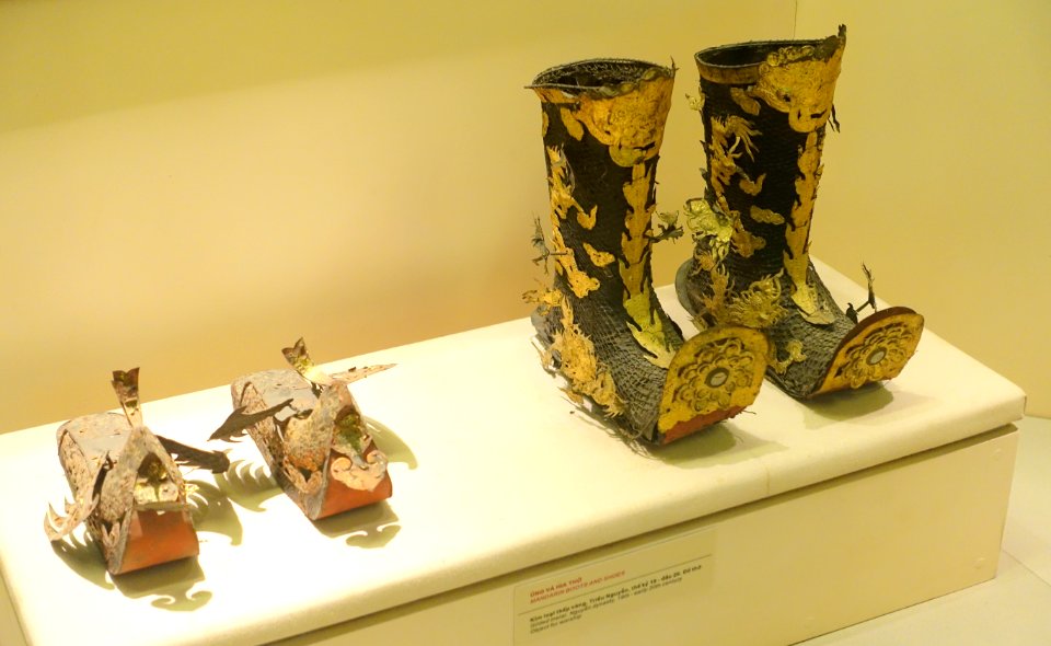 Mandarin boots and shoes, Nguyen dynasty, 19th to early 20th century, gilded metal - National Museum of Vietnamese History - Hanoi, Vietnam - DSC05598