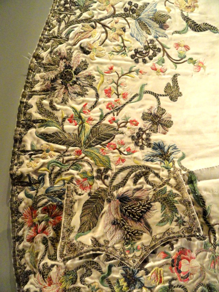 Man's waistcoat (left half) detail, England, 1725-1750, silk satin - Patricia Harris Gallery of Textiles & Costume, Royal Ontario Museum - DSC09345