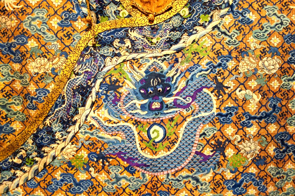 Man's semi-formal court robe (jifu), China, detail, 19th century, silved, wrapped gold thread