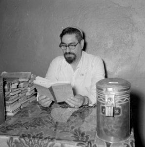 Man leest boeken, vermoedelijk de bewakergastheer van Het Graf van David, Bestanddeelnr 255-2328