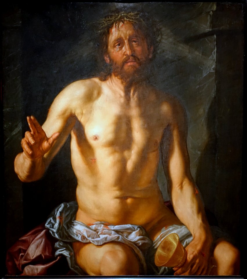 Man of Sorrows with a Chalice (Christ as Redeemer), by Hendrick Goltzius, Dutch, 1614, oil on wood panel - Princeton University Art Museum - DSC06584