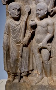 Mahākāśyapa meets an Ājīvika and learns of the parinirvana, Gandhara sculpture 2