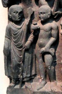 Mahākāśyapa meets an Ājīvika and learns of the parinirvana, Gandhara sculpture