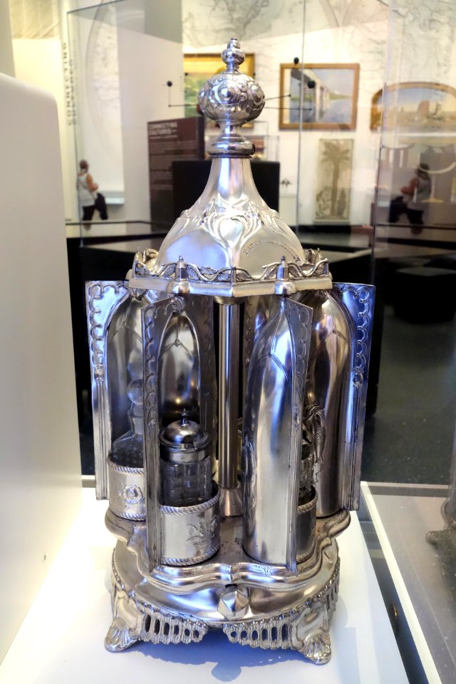 Magic Dinner Caster, Roswell Gleason & Sons, Dorchester, Massachusetts, c. 1860, silverplate with glass bottles inside - Brooklyn Museum - Brooklyn, NY - DSC08318