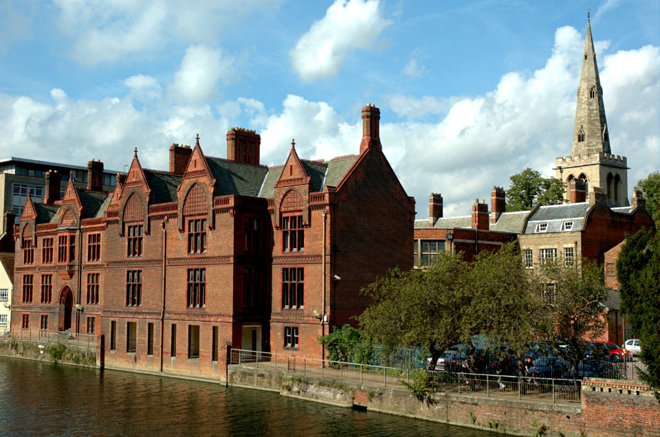 Magistrates' Court and Spire of St Paul's Church by the River Great Ouse