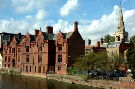 Magistrates' Court and Spire of St Paul's Church by the River Great Ouse