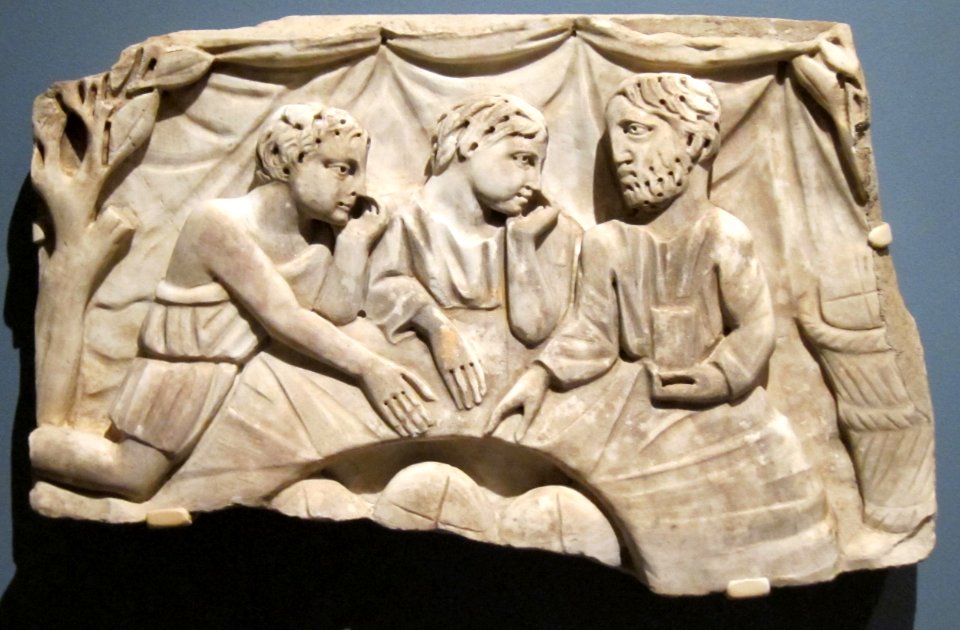 Marble relief showing a refrigerium (annual commemorative meal for the dead) from the vicinity of Ankara, Turkey, 3rd Century CE, Honolulu Academy of Arts