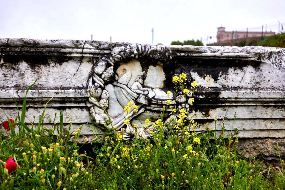 Marble lintel with a depiction of a helmsman dating back to the Roman period from the archaeological site of ancient Corinth
