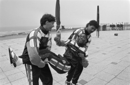 Marco van Basten (links) en Frank Rijkaard tillen Brian Roy op, Bestanddeelnr 934-4426