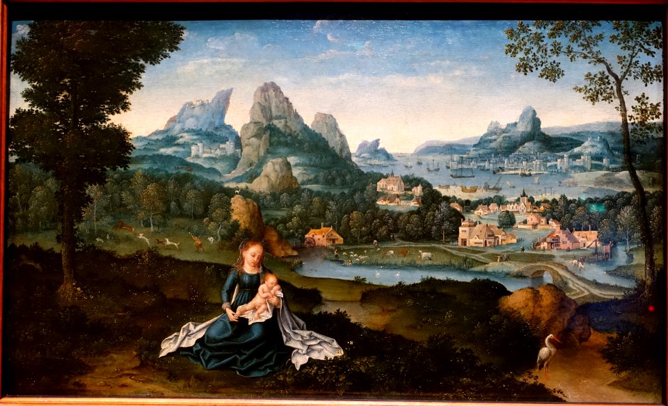 Maria with Sleeping Child in a landscape, by Joachim Patinier, Antwerp, c. 1520, oil on oak, view 1 - Hessisches Landesmuseum Darmstadt - Darmstadt, Germany - DSC01284