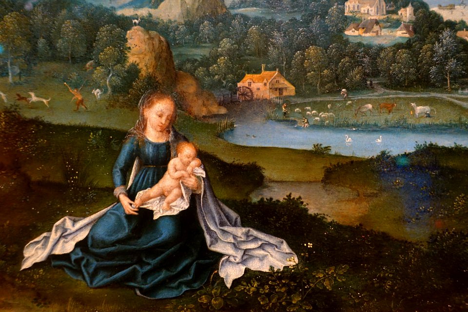 Maria with Sleeping Child in a landscape, by Joachim Patinier, Antwerp, c. 1520, oil on oak, view 2 - Hessisches Landesmuseum Darmstadt - Darmstadt, Germany - DSC01285