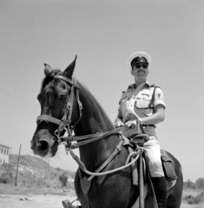 Mannelijke agent te paard, op de achtergrond een bouwvallige omgeving, Bestanddeelnr 255-2022