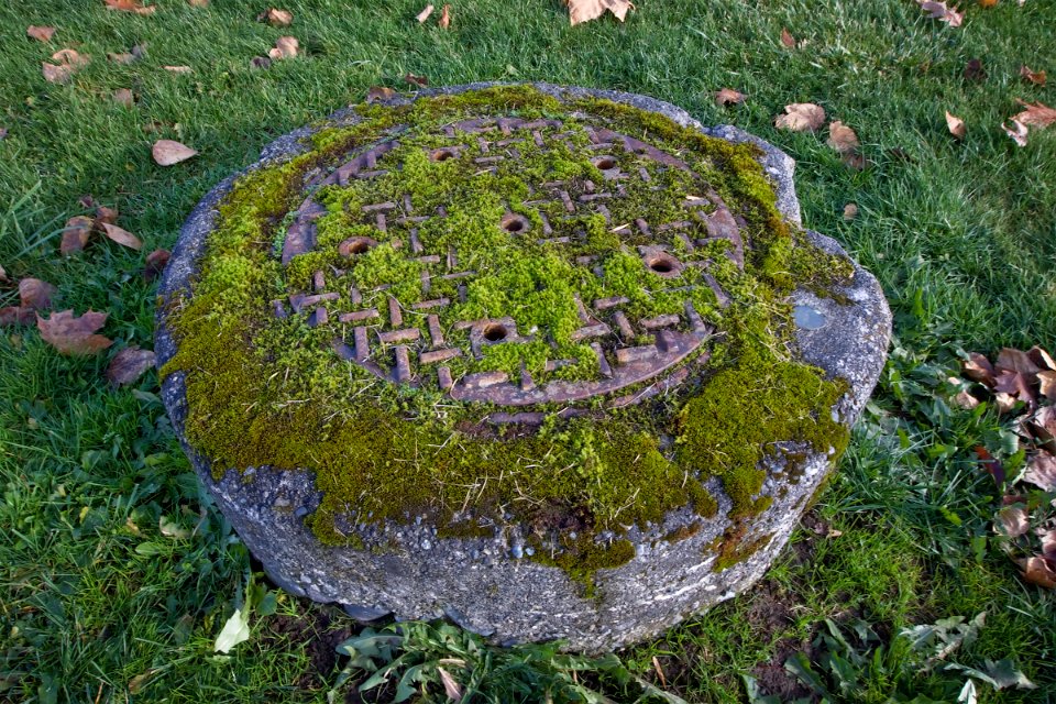 Manhole, overgrown with moss