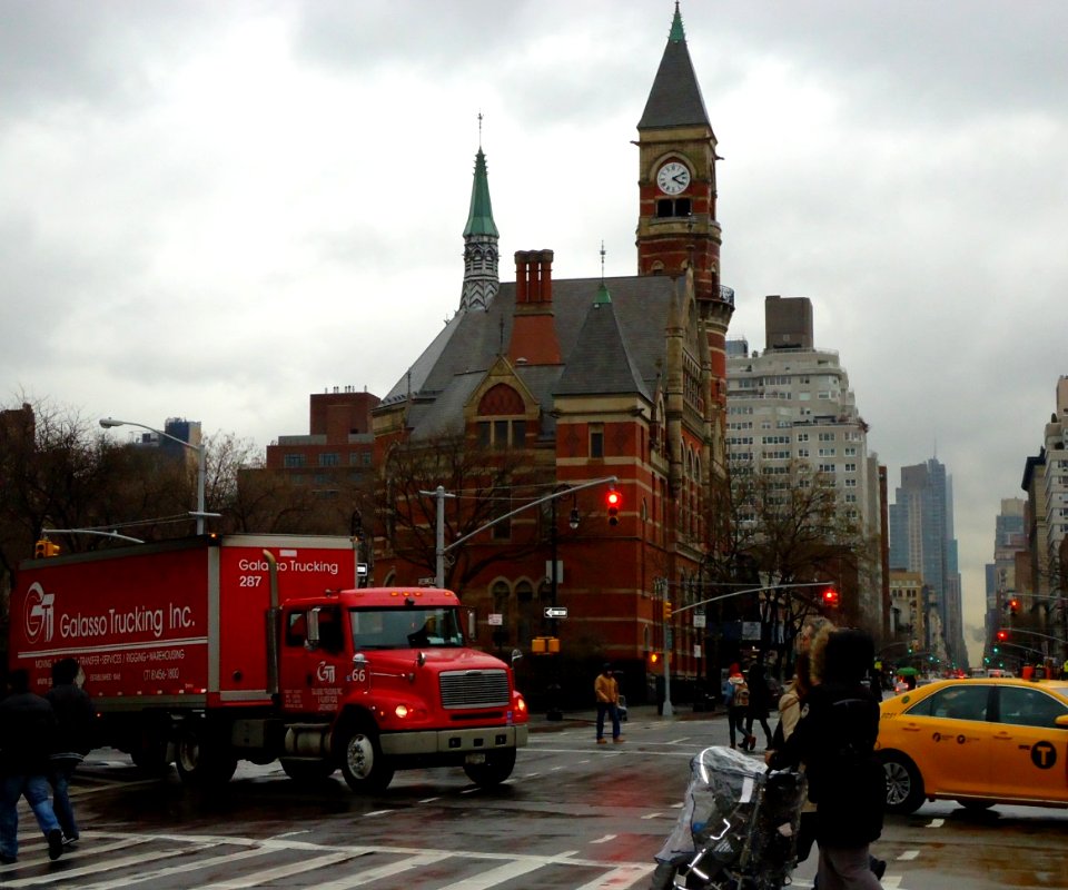 Manhattan street scene on Sixth Avenue near Jefferson Market Library