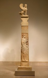 Marble stele (grave marker) of a youth and a little girl 530 BCE Greece photo