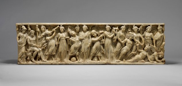 Marble sarcophagus with the contest between the Muses and the Sirens 3rd century CE photo