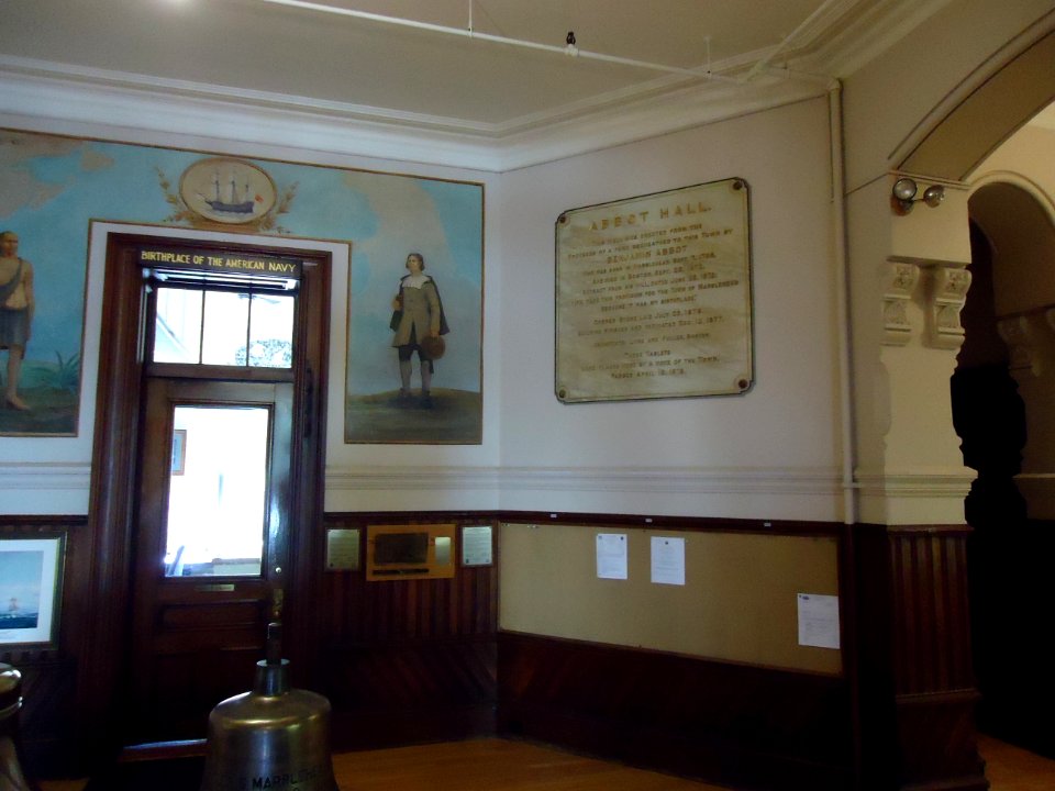 Marblehead Massachusetts Abbot Hall interior view birthplace of US navy sign and photos