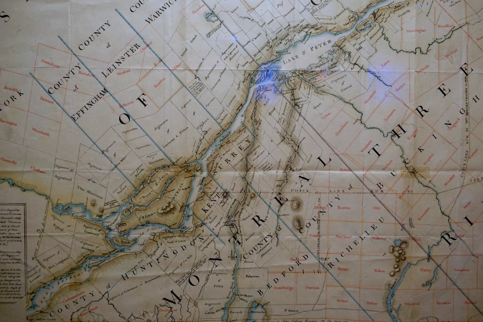 Map of Lower Canada by Jean-Baptiste Duberger (1767-1821), 1795, detail, colored lithograph - Château Ramezay - Montreal, Canada - DSC07500