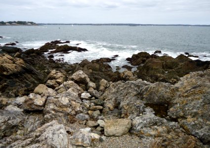 Marblehead Massachusetts rocks and harbor entranceway seen from peninsula photo