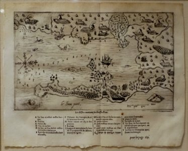 Map of Gloucester Harbor (Le Beauport) by Samuel de Champlain, from Les Voyages, Paris, 1613 - Cape Ann Museum - Gloucester, MA - DSC01073