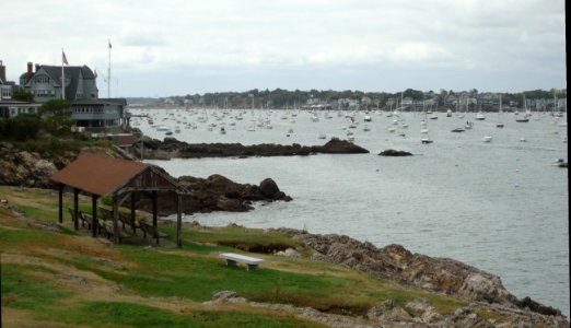 Marblehead Massachusetts view from peninsula and lighthouse towards harbor and town photo