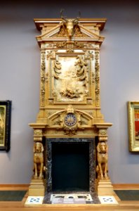 Mantelpiece for Milton Slocum Latham's Thurlow Lodge, Menlo Park, CA, designed by Herter Brothers, New York, made by Gueret Frere, c. 1872-1873, wood, marble, antlers, clock - De Young Museum - DSC00848