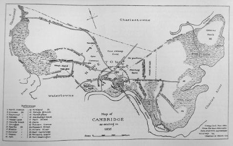 Map of Cambridge as existing in 1635, by Charles D. Elliot, 1880 - reprinted in Fresh Pond, The History of a Cambridge Landscape, by Jill Sinclair, 2009 - Fresh Pond, MA - DSC02580