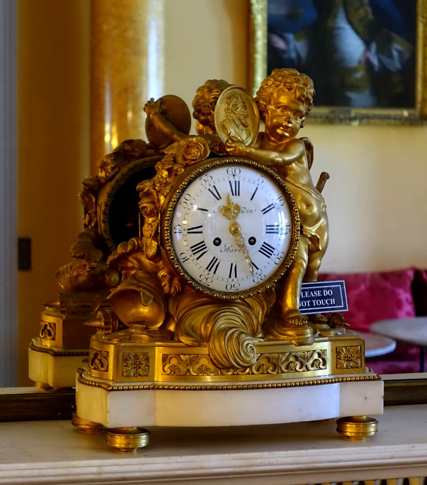 Mantel clock by Jacques Gudin, 1780, glass, marble, ormolu, vitreous enamel - Shugborough Hall - Staffordshire, England - DSC00059