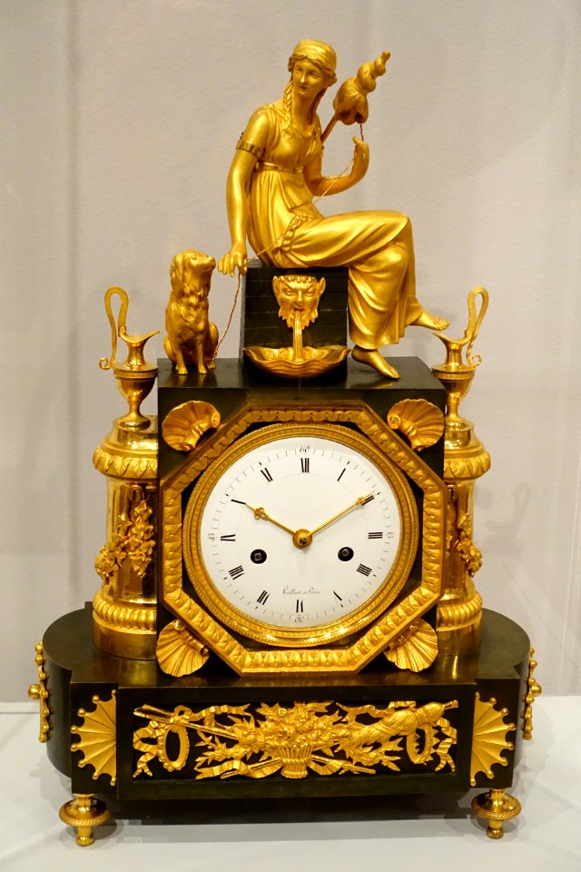 Mantel clock with the figure of Clotho, Louis-Jacques Vaillant, c. 1810, patinated bronze, gilt mounts, enameled metal dial - Fogg Art Museum, Harvard University - DSC01995