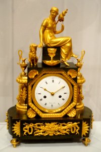 Mantel clock with the figure of Clotho, Louis-Jacques Vaillant, c. 1810, patinated bronze, gilt mounts, enameled metal dial - Fogg Art Museum, Harvard University - DSC01995