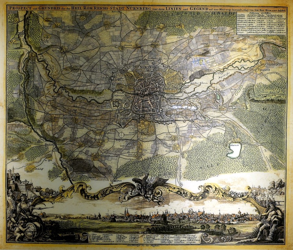 Map and prospect of Nuremberg, by Johann Baptist Homann, c. 1710, reproduction - Stadtmuseum Fembohaus - Nuremberg, Germany - DSC02318