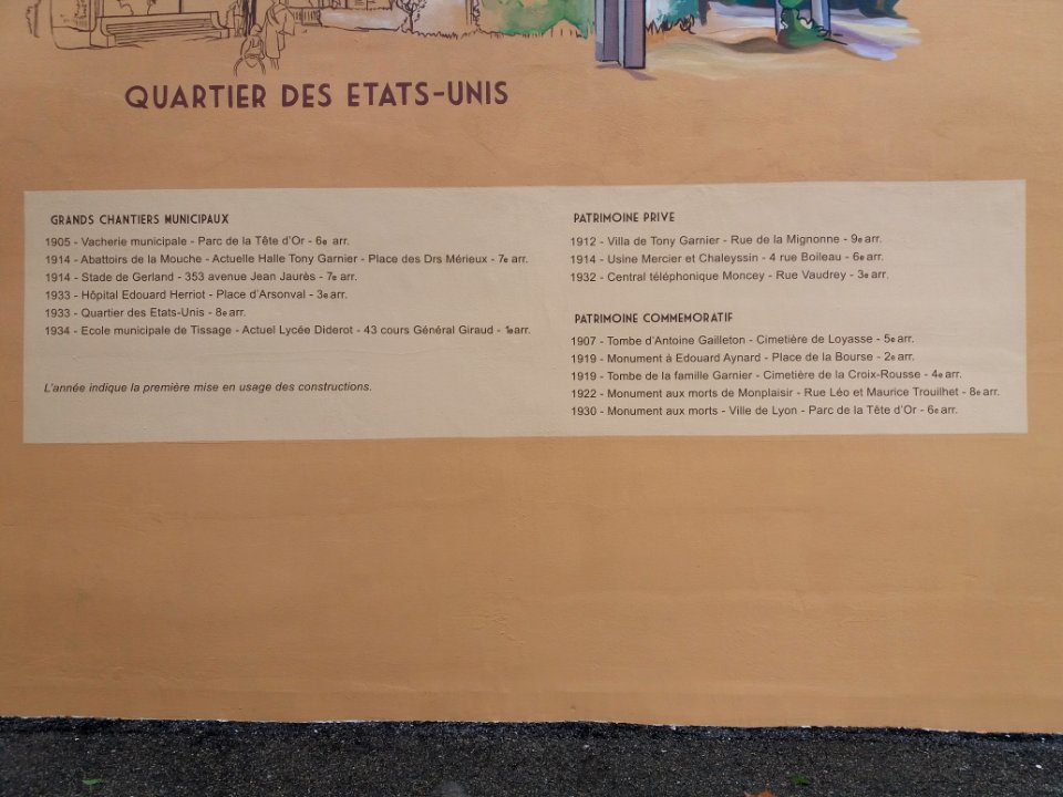 Lyon 8e - Musée urbain Tony Garnier, nouvelle fresque avec la liste des œuvres lyonnaises de Tony Garnier
