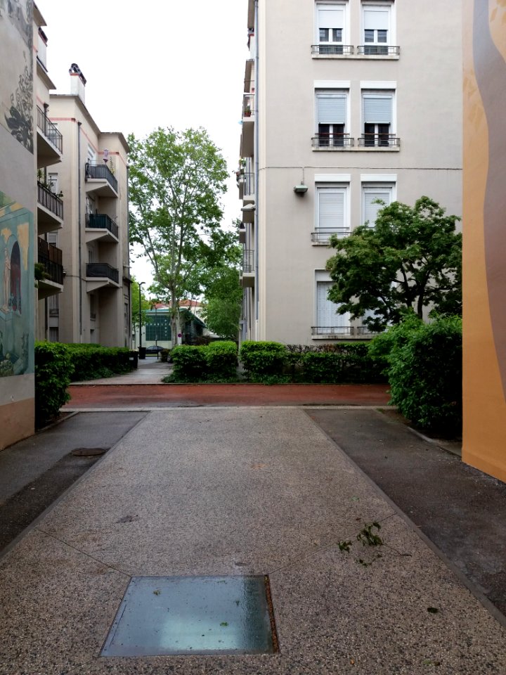 Lyon 8e - Musée urbain Tony Garnier, vue entre les fresques et les immeubles