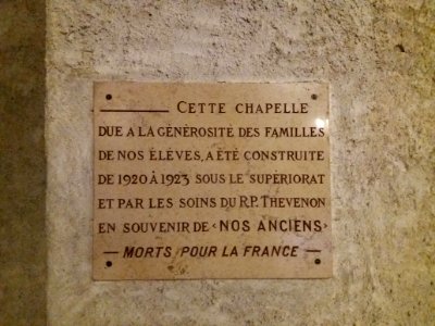 Lyon 5e - Montée Saint Barthélémy - Chapelle du Grand Collège, plaque aux anciens morts pour la France